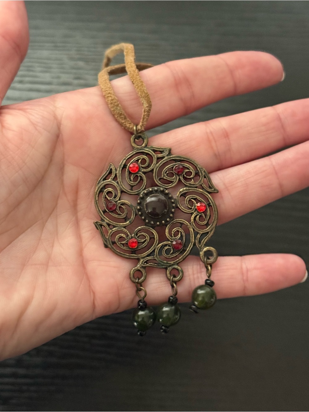 Bohemian Style Necklace w/Bronze Toned Ornate Swirling Medallion on Suede Cord - Picture 8 of 8